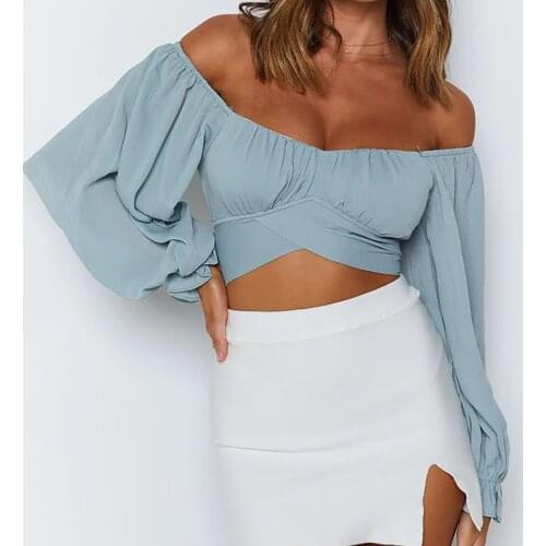 40# Womens Chiffon Sexy Blouses Low-cut Sexy Solid Navel Long-sleeved Crop Top Casual Shirts Tops Blusas Mujer De Moda 2020