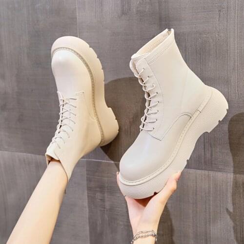 2021 Spring Black Leather Ankle Boots Thinken Heel Chunky Sneakers Black Punk Boots Shoes Height Increasing Botas De Mujer