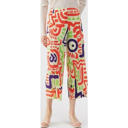 Issey Miyake pleated ladies trousers personality trend design sense printing casual nine-point pants loose comfortable trousers