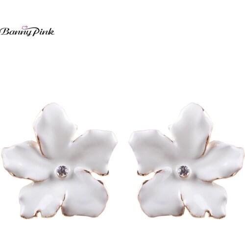 Banny Pink New Brand Metal leaf Studs Earrings For Women Enamel White Flower Earrings Large 6 Colors Post Earrings Pendientes