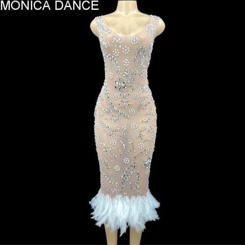 Women Sexy Stage Transparent Net Costume Dance Wear Rhinstone Mesh Feather Dress Dance Performance Birthday Dress Costume