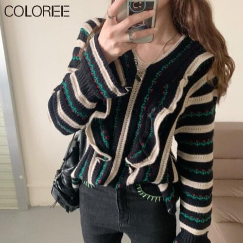 Korean Fashion Elegant Clothing 2021 Autumn Winter Vintage Ruffles Long Sleeve Tops Mujer Oversized Knit Striped Sweater Women
