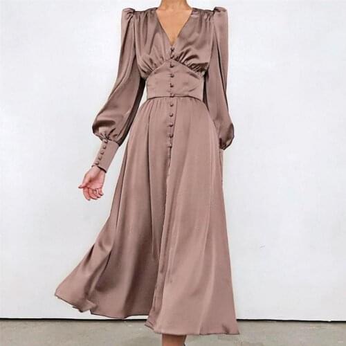 New Autumn Womens Dress Elegant Soid Color Long Sleeve Deep V-neck A-line Wedding Party Dresses Banquet