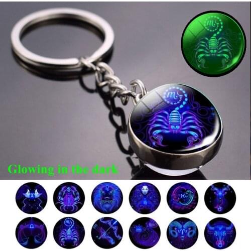12 Constellation Keychain Fashion Double Side Cabochon Glass Ball Keychain Zodiac Signs Keyring Key Jewelry Glowing In The Dark