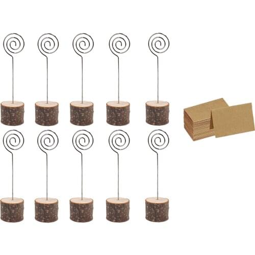 30Pc Wood Place Card Holders with Swirl Wire Kraft Place Cards Rustic Wood Table Number Holders Stands Name Cards Holder