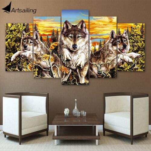 ArtSailing 5 panel canvas wall art Sunset Animal Wolf Painting wall pictures for living room posters home decoration NY-7683C