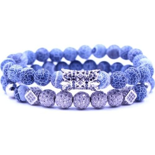 8mm 2PCS/Set silver jh3 elastic adjusted nature grey weathering agate micro pave cz zircon cubic zirconia tube Bracelet