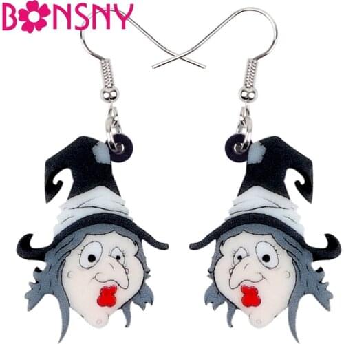 Bonsny Acrylic Halloween Novelty Old Witch Earrings Drop Dangle Cartoon Festival Jewelry For Women Girls Grandmother Gift Charms