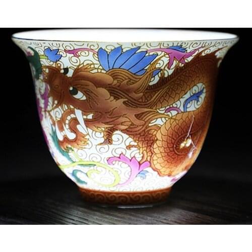 Enamel Dragon and Phoenix Tea cupPorcelain teacup for birthday gift Romantic Creative Present Teaware Accessories