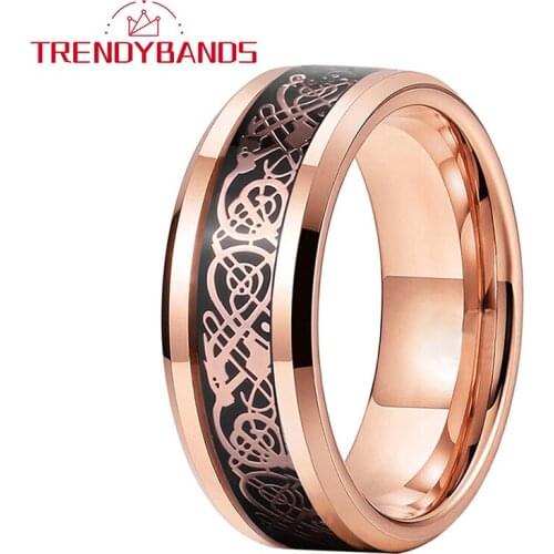 Rose Gold Dragon Inaly Tungsten Carbide Rings For Men Wedding Bands With Black Carbon Fiber Beveled Edges Comfort Fit