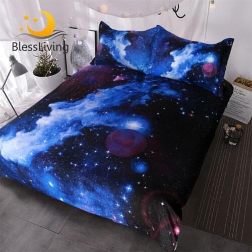 BlessLiving Nebula Bedding Set 3D Galaxy Duvet Cover 3 Piece Kids Boy Girl Bed Linen Blue Purple Space Bedding Bedspreads Queen