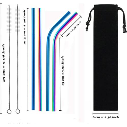 Reusable Metal Drinking Straws Sets 304 Stainless Steel Straw Bent Straight Straw with Cleaning Brush Bag Bar Party Accessory