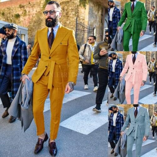 2021 Gold Fashion Men Suit 3 Pieces With Belt Tailored Men Business Casual Suits Slim fit Groom Wedding Tuxedo Blazer Vest Pants