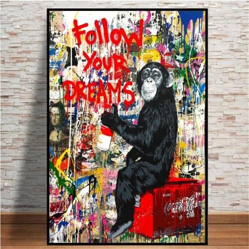 Follow Your Dreams Smart Monkey Modern Wall Art Posters And Prints Abstract Street Art Graffiti Canvas Painting For Living Room