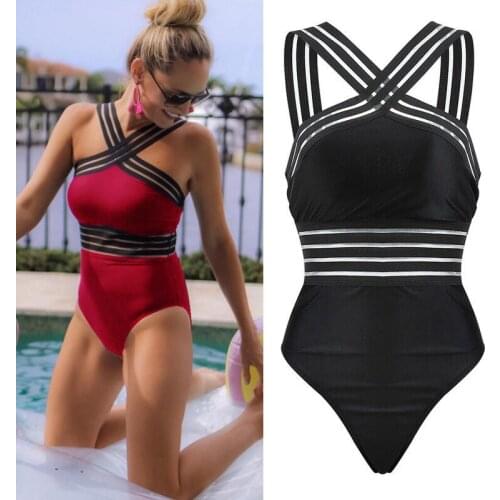 Newest Women Swimsuits Sexy One Piece Swimwear Women Beach High Neck Bandage Cross Back Female Brazilian Swimming Suit