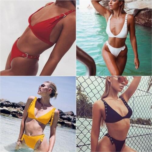 4colors solid Sexy Metal Buckle Bikini Set 2018 Swimwear female Women Brazilian Push Up Swimsuit High Cut Bandage Biquini Set