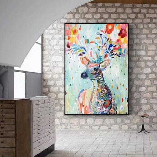 Hand Painted Abstract Oil Painting Wall Art Colorful Elk Modern On Canvas For Living Room Picture Minimalist Decorative No Frame