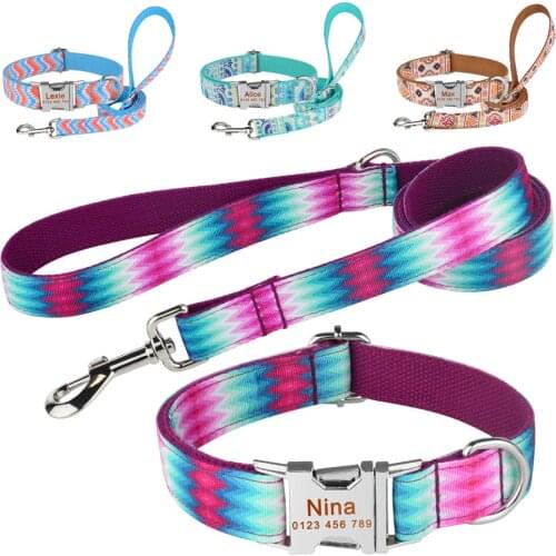 Dog Leash Custom Dog Collars Nylon Personalized Pet Dog Tag Collar Lead For Small Medium Large Dogs Pitbull Bulldog Pugs Beagle