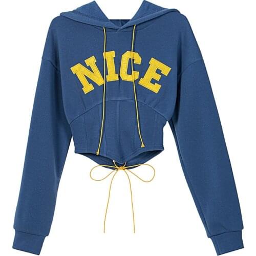 Corset Bandage Grey Navy Hoodie Sweatshirt Women 2020 Long Sleeve Harajuku High Waist Letter Hoodies E Girls Pullover Crop Tops