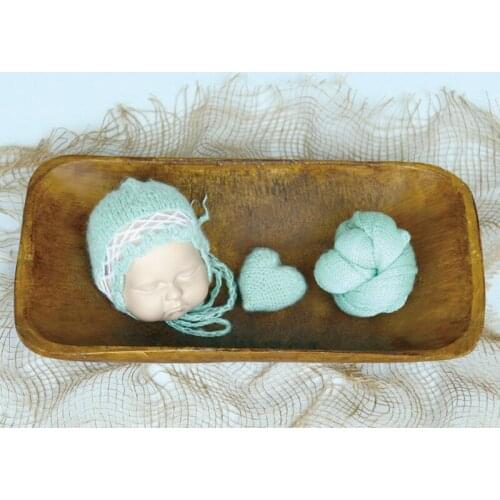 Green Hollow-out Handmade Knitted Newborn Hat + Love Doll + Mohair Wrapped Cloth 3-Piece Set Baby Shooting Props