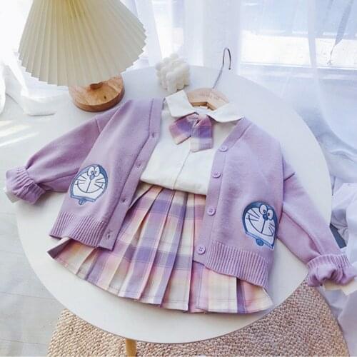Girl Japanese JK uniform 21 spring children girl Doradingdang cat knitting collegiate style shirt skirt jacket plus bow tie 4 pi