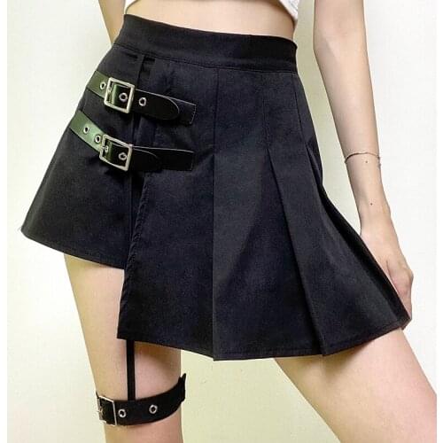 Waatfaak Irregular Goth Black Pleated Skirt High Waist Buckle Patchwork Punk A Line Mini Skirts Women Streetwear Dark Academia
