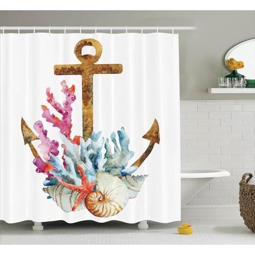 Anchor Shower Curtain Home Decor Anchor with Corals Seaweed Nature Deep Sea Underwater Life Diving Enjoyment Bath Curtains