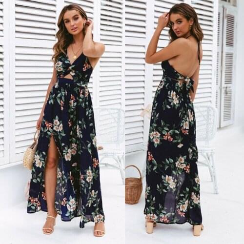 Womens 2021 Summer Fashion Womens Sleeveless Print Skirt V-neck Backless Evening Beach Sundress