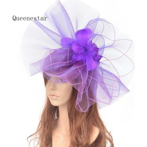 Large Purple Flower Fascinator Hat Hair Clip Fashion Women Striped Mesh Feather Headwear kentucky derby Ladies Hair Accessories