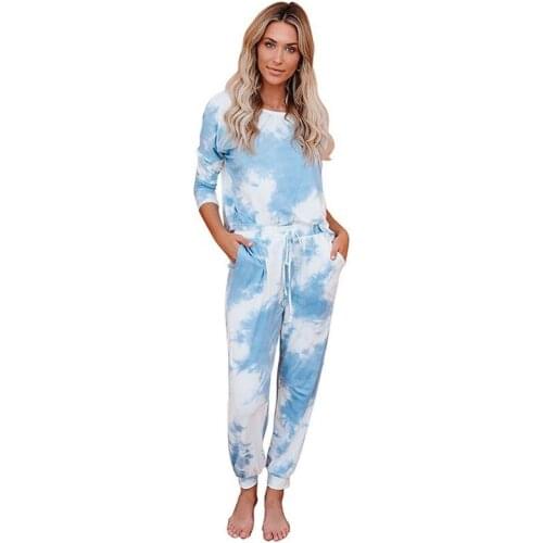 Tie-dye Two Piece Set Women 2020 Summer Long Sleeve Print T Shirt And Full Length Pants Womens Sports Suit