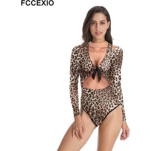 FCCEXIO Wild Leopard 3D Printed Women One-Piece Swimsuit Summer Casual Long Sleeve Beachwear Bathing Suit Sexy Tight Swimwear