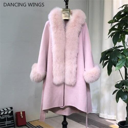 Cashmere coat woman 2020 Autumn Winter Bat Sleeve Wool Coat Women Real Fox Fur Collar Hood Cloak Pink
