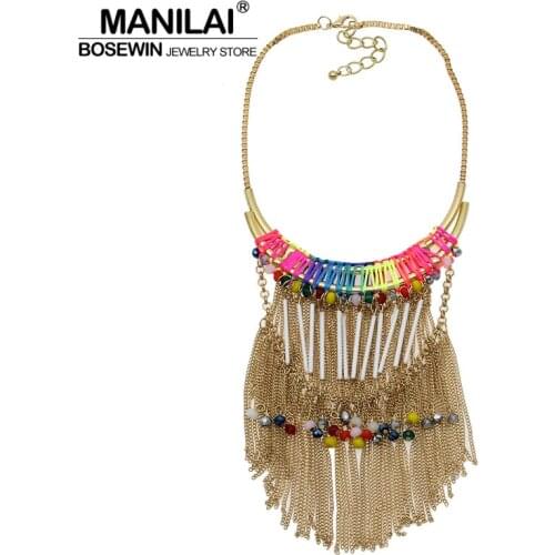 Women Party Dress Accessories Statement Necklace Crystal Beaded Metal Chains Tassels Acrylic Pipe Fashion Choker Jewelry CE4017