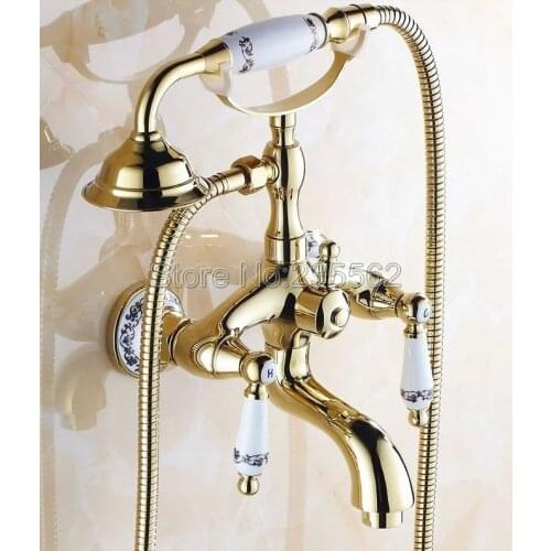 Golden Brass Porcelain Base Wall Mounted Bathroom Tub Shower Faucet Set Dual Ceramic Handle Mixer Tap + Handheld Shower ltf410