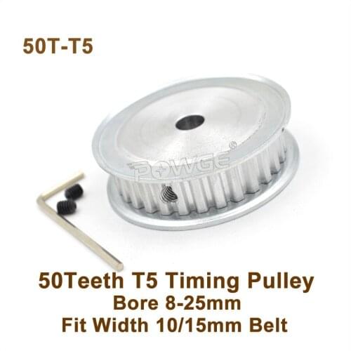 POWGE 50 Teeth T5 Timing Pulley Bore 8-25mm Fit W=10/15mm T5 Synchronous Belt 50T 50Teeth T5 Timing Belt Pulley 50-T5