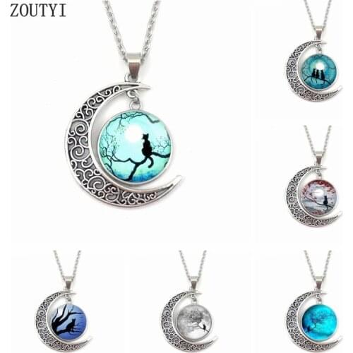 2019 / black cat under the glamour starry sky, moon convex crystal pendant necklace, men and women necklace, gifts