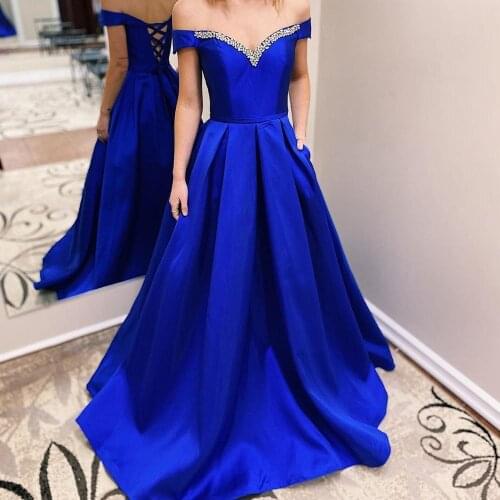 2020 Royal Blue Prom Party Dress 202k A-Line Off-Shoulder Long Formal Event Gowns Lace-Up Back Pockets