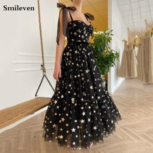 Smileven Stars Tulle Sweetheart A Line Prom Dresses Ankle Length Spaghetti Straps Prom Party Gowns With 3D Flowers Evening Gowns