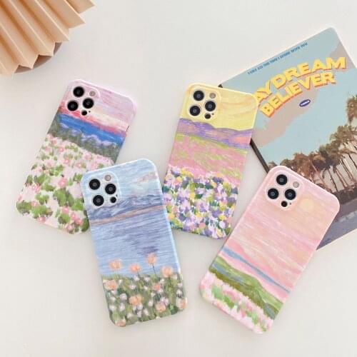 Retro french sweet Flower landscape oil painting Phone Case For iPhone 11 12 Pro Max Xs Max XR Xs 7 8 Plus 7Plus case Cute Cover