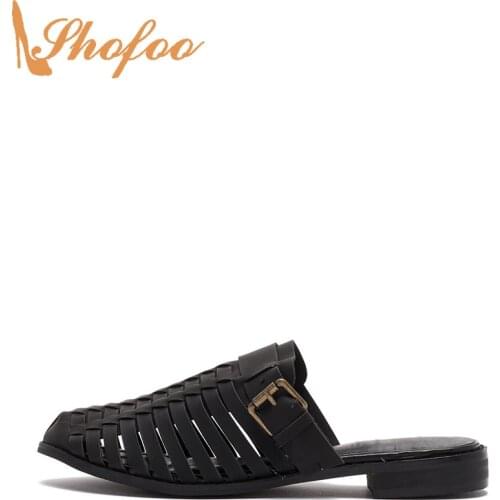 Black Mules Outside Women Slippers Flat Heels Slip On Round Toe Large Size 11 15 Ladies Fashion Woven Vamp Summer Shoes Shofoo