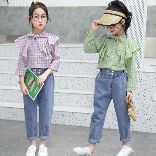 Spring autumn Kids Tracksuit Girls Costume Childrens Clothing plaid shirt + Jeans Kids Sport Suits For Girls Clothes Set
