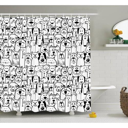 Doodle Shower Curtain Collection of Dogs and Cats Cute Animals Fun Happy Beings Cartoon Inspired Bath Curtain For Bathroom