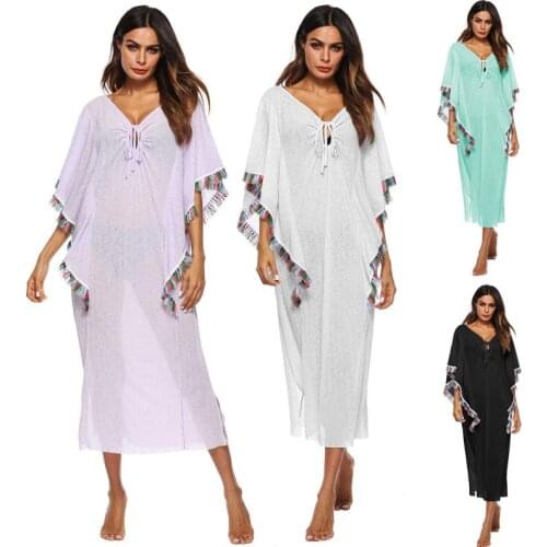 Deep V Lace Butterfly Cuffs Fringe Cover Up Bikini Women Swimsuit Cover-up Irregular Swimwear Sunscreen Beach Vacation Dress