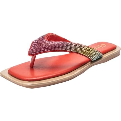 Hot Sale Fashion Woman Flip Flops Colorful Rhinestone Sandals Soft PU Leather Beach Slide Plus Size 42 Ladies Slippers Girl Shoe