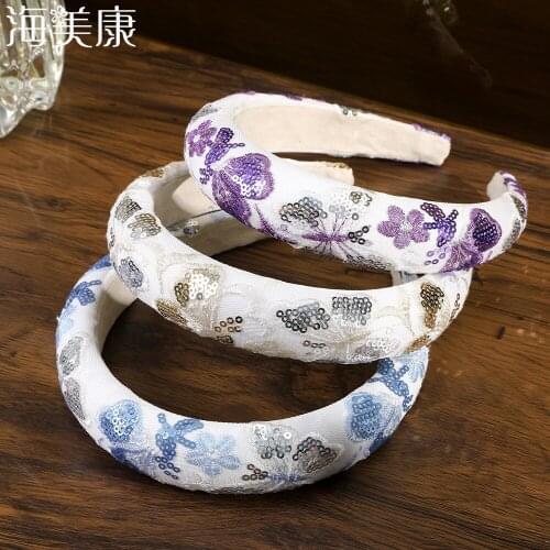 Haimeikang Fairy Embroidery Butterfly Sequin Headbands For Women Flower Hair Accessories Colorful Headband Head Wrap Hair Band