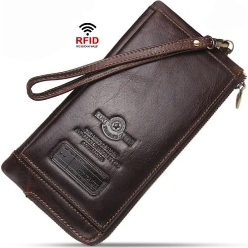 Men Wallet Vintage Long Clutch Bag 2021 Genuine Leather Male Coin Purse Card Holder RFID Anti-Theft Wallets Phone Purse Unisex