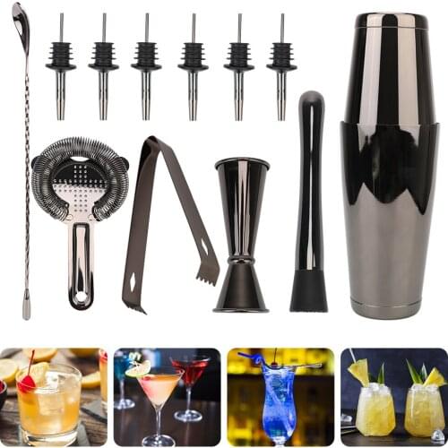10pcs/13pcs Set Cocktail Shaker Bar Set Boston Shaker Stainless Steel Jigger Muddler Pourer Ice Tong Barware