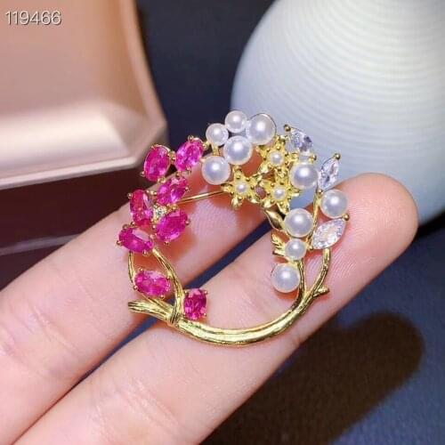 Natural red ruby Pearl brooch S925 silver Natural gemstone brooch Pendant trendy Flower basket women two wears wedding jewelry