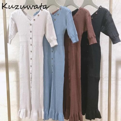 Kuzuwata Solid Color Sexy V-neck Elegant Vestidos Chic Button Slim Waist Knitted Dress 2021 Fashion Bodycon Women Dresses