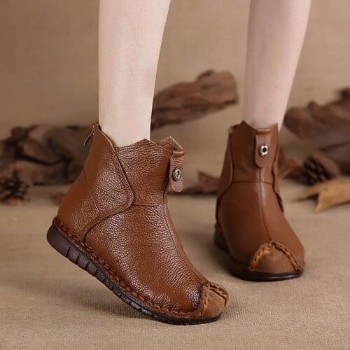 Autumn Winter Flat Snow Shoes Vintage Booties Women Martin Boots Genuine Leather Ankle Boots Soft Rubber Comfortable Black Brown
